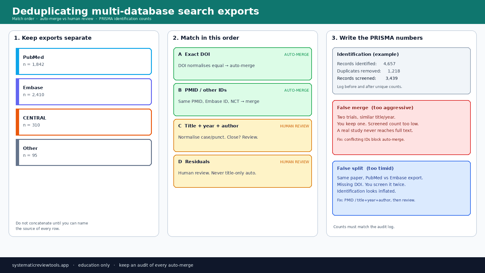 Cheatsheet: keep database exports separate, match DOI then IDs then title-year-author, then log PRISMA identification counts and false-merge versus false-split errors
