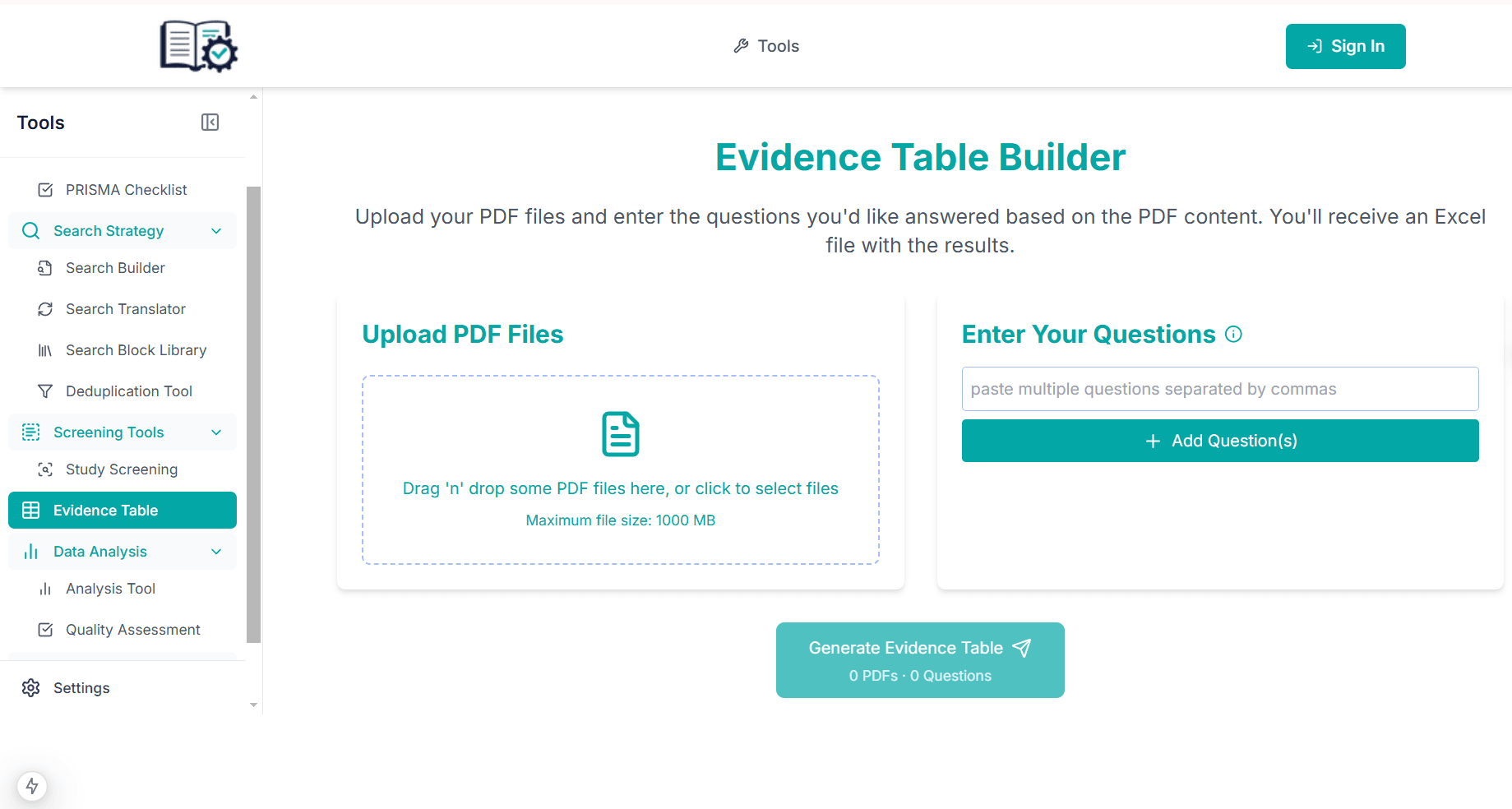 Evidence table builder showing automated data extraction from research papers for systematic reviews