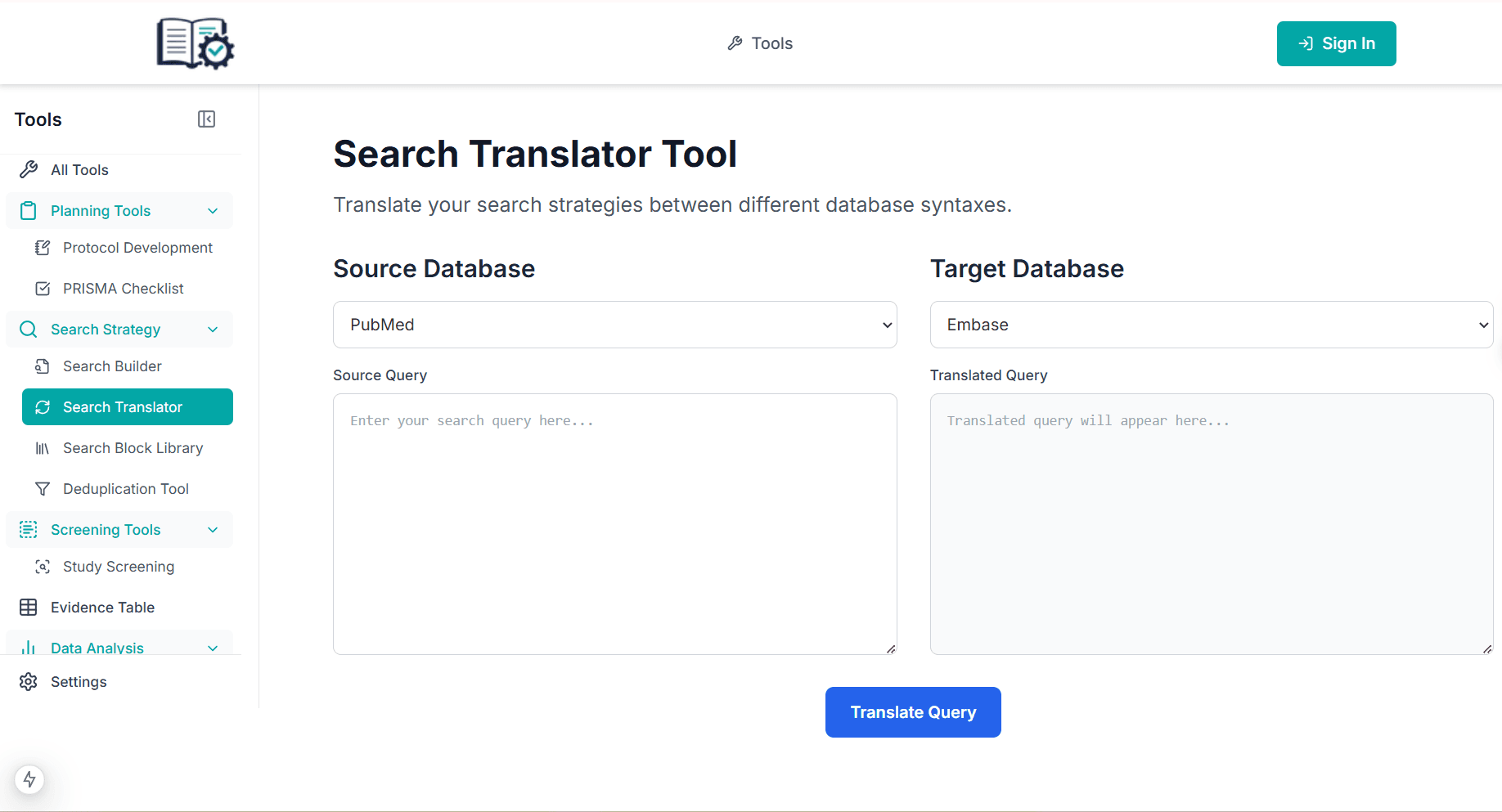 Database search strategy translator showing conversion between PubMed, Embase, and Scopus syntax