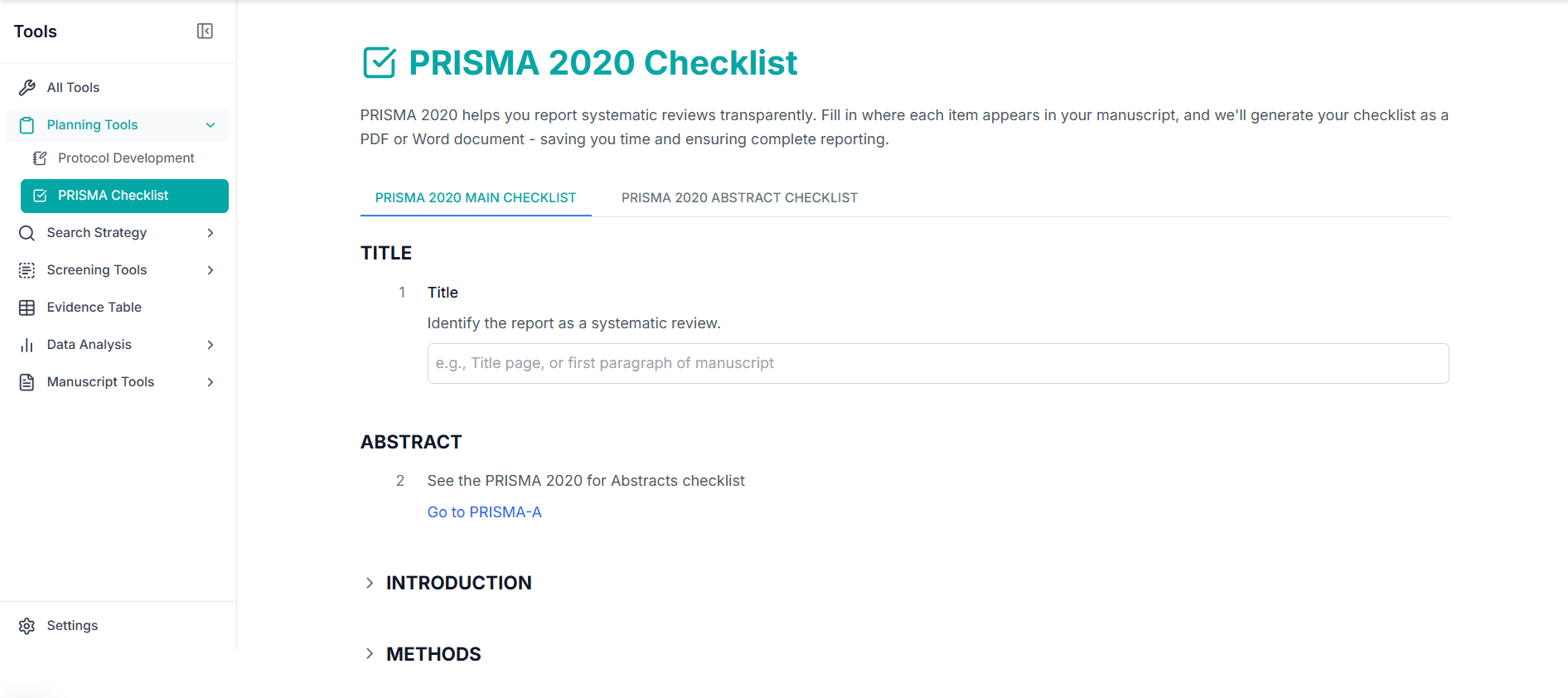 PRISMA checklist generator interface showing systematic review reporting guidelines and compliance checklist