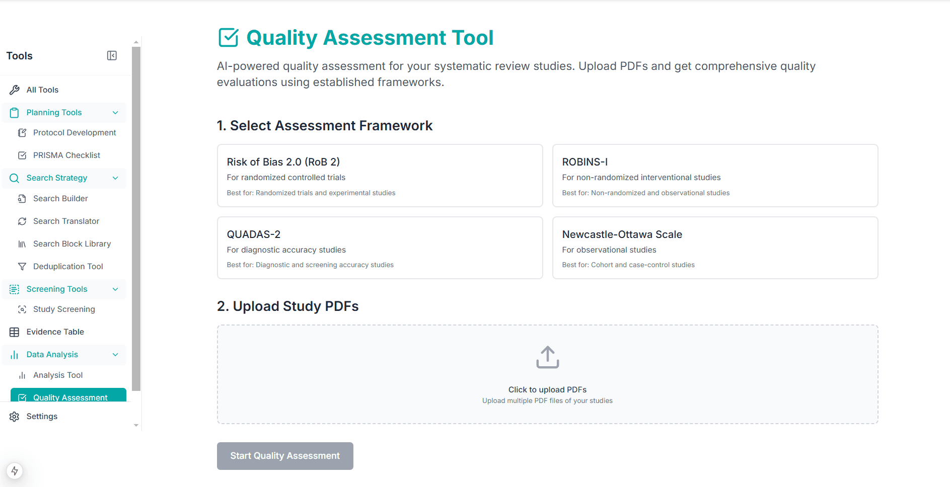 Quality assessment tool interface for evaluating study quality and risk of bias in systematic reviews