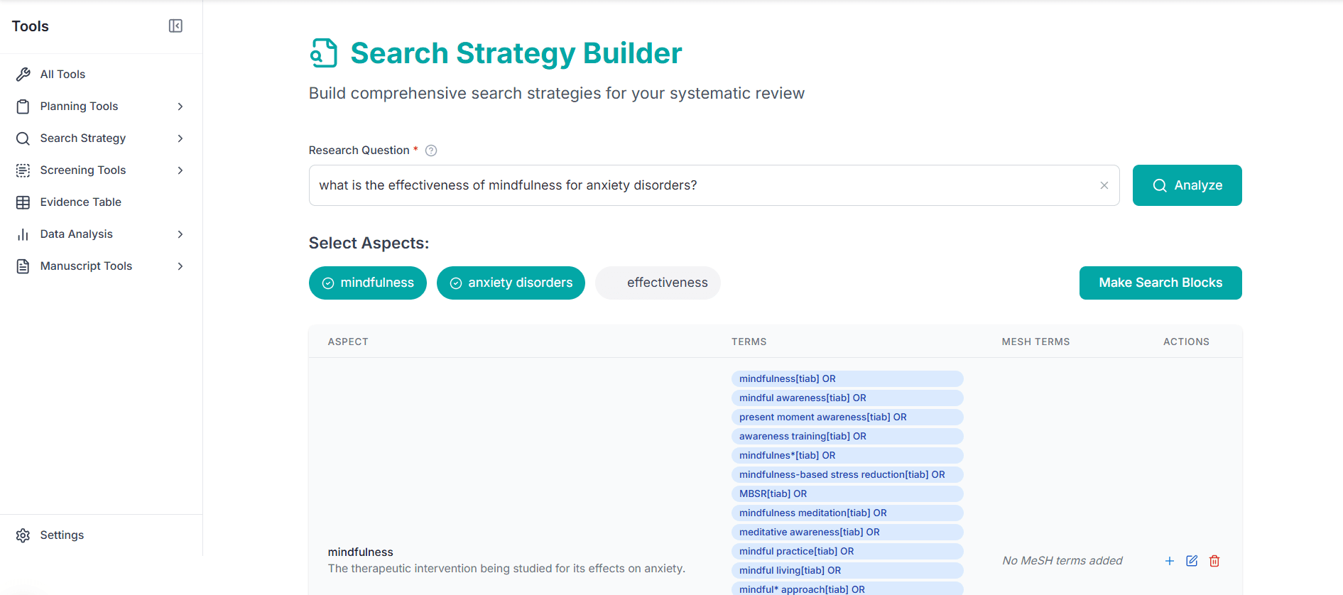 Systematic review search strategy builder tool with MeSH terms and Boolean operators interface