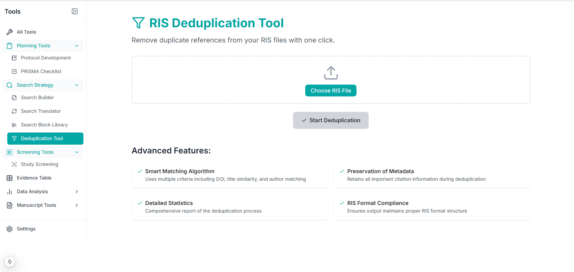 Literature deduplication tool interface showing duplicate reference removal process