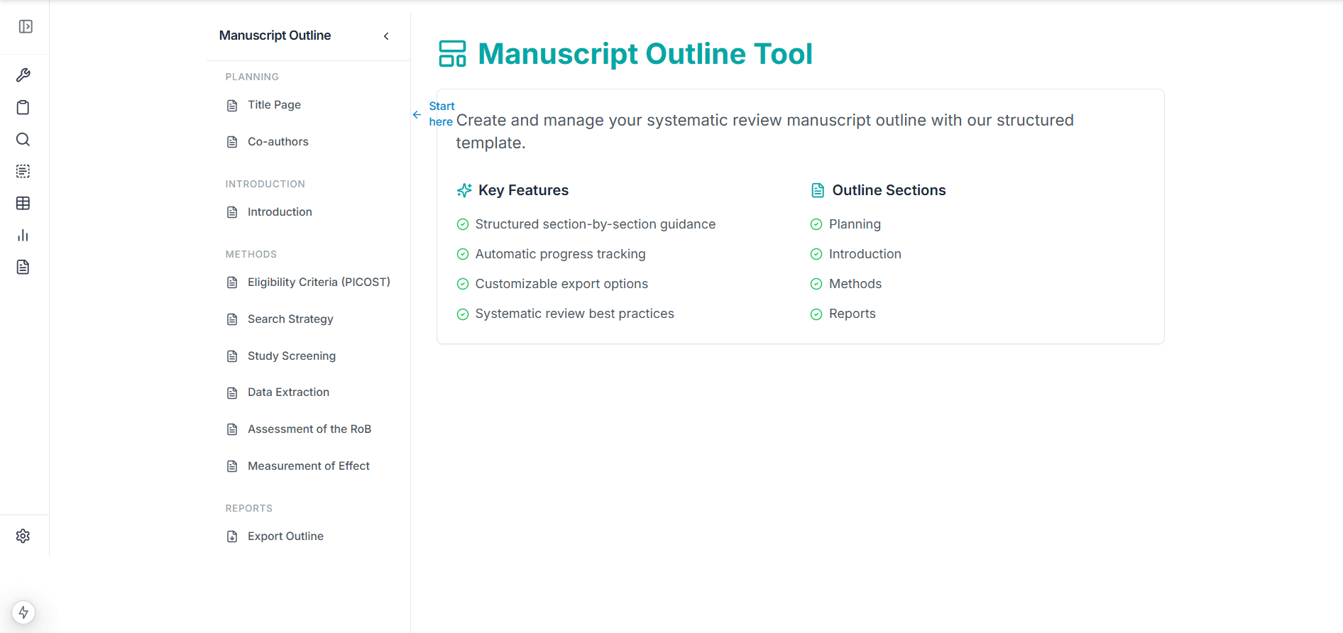 Systematic review manuscript outline generator showing document structure and formatting options