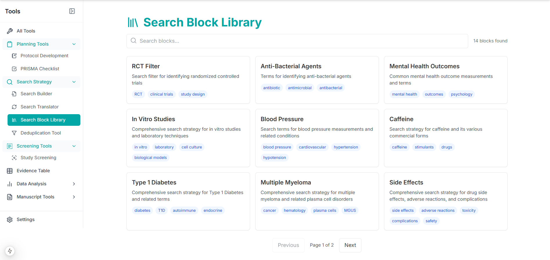 Search block library interface showing pre-built systematic review search blocks and keywords