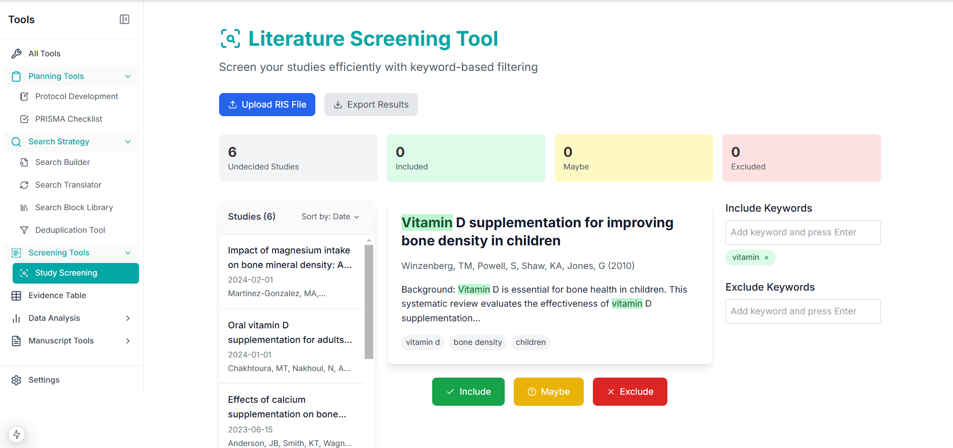 Study screening interface for systematic reviews with inclusion and exclusion criteria options