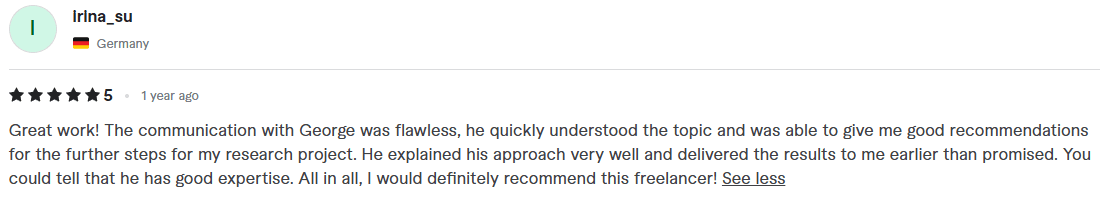 Original screenshot of Fiverr review 09, about George Burchell's consulting