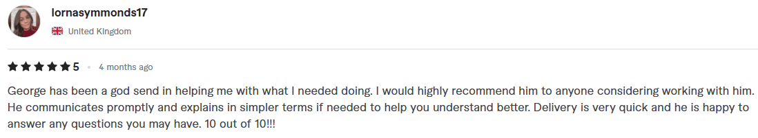 Fiverr · lornasymmonds17: He communicates promptly and explains in simpler terms if needed to help you understand better.