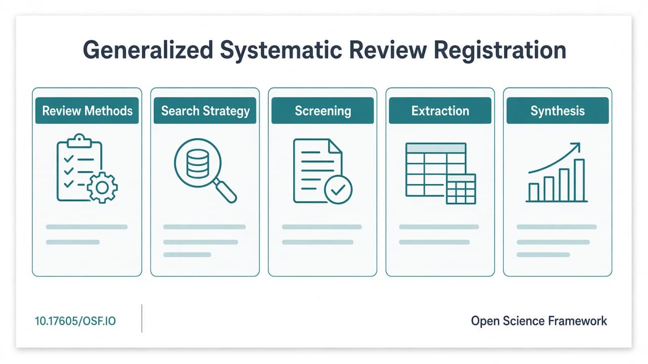 OSF registration worksheet titled Generalized Systematic Review Registration, with Review Methods, Search Strategy, Screening, Extraction, and Synthesis