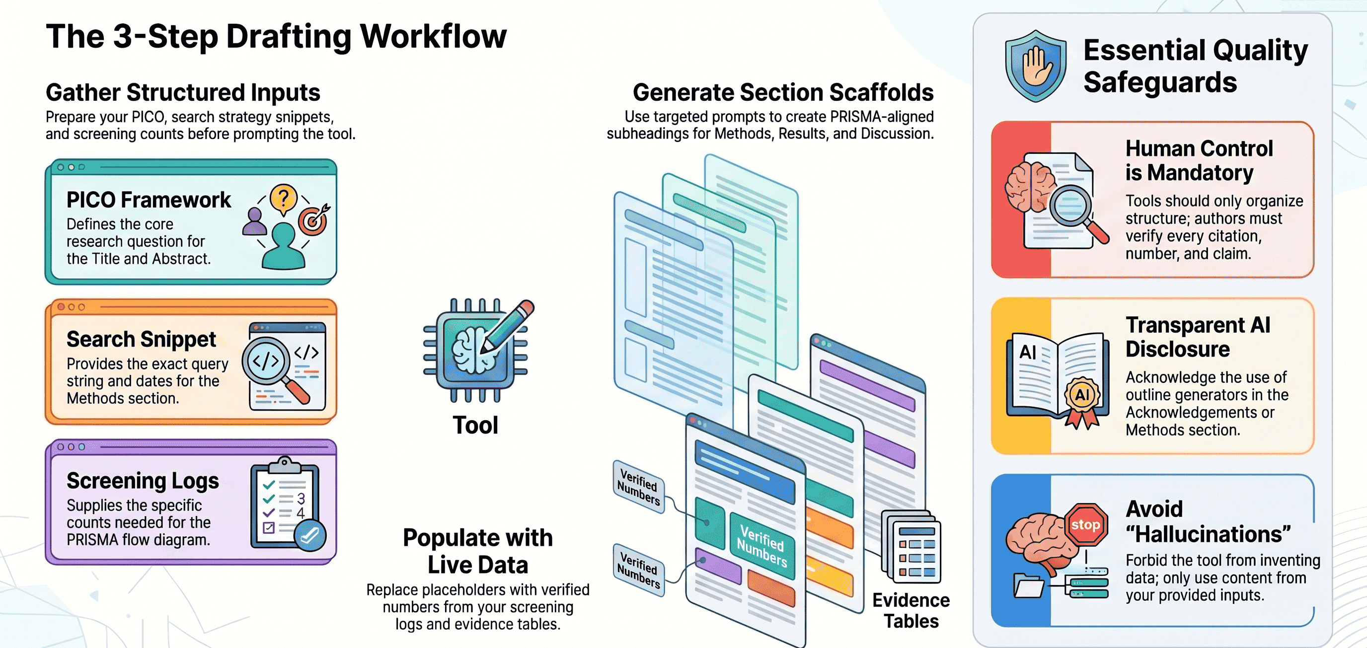 Outline and workflow connecting protocol, screening, evidence extraction, and a PRISMA-ready manuscript