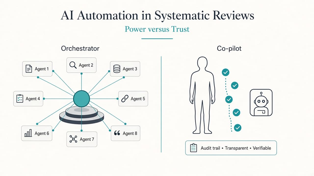 Diagram contrasting a central orchestrator controlling many agents with a human–AI co-pilot and audit trail