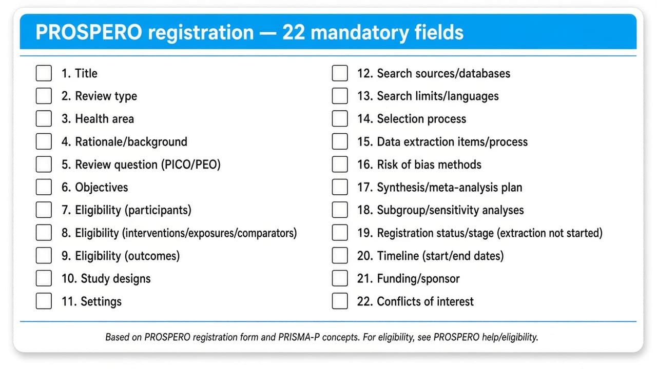 Cheatsheet: PROSPERO registration — 22 mandatory fields checklist grouped by protocol sections