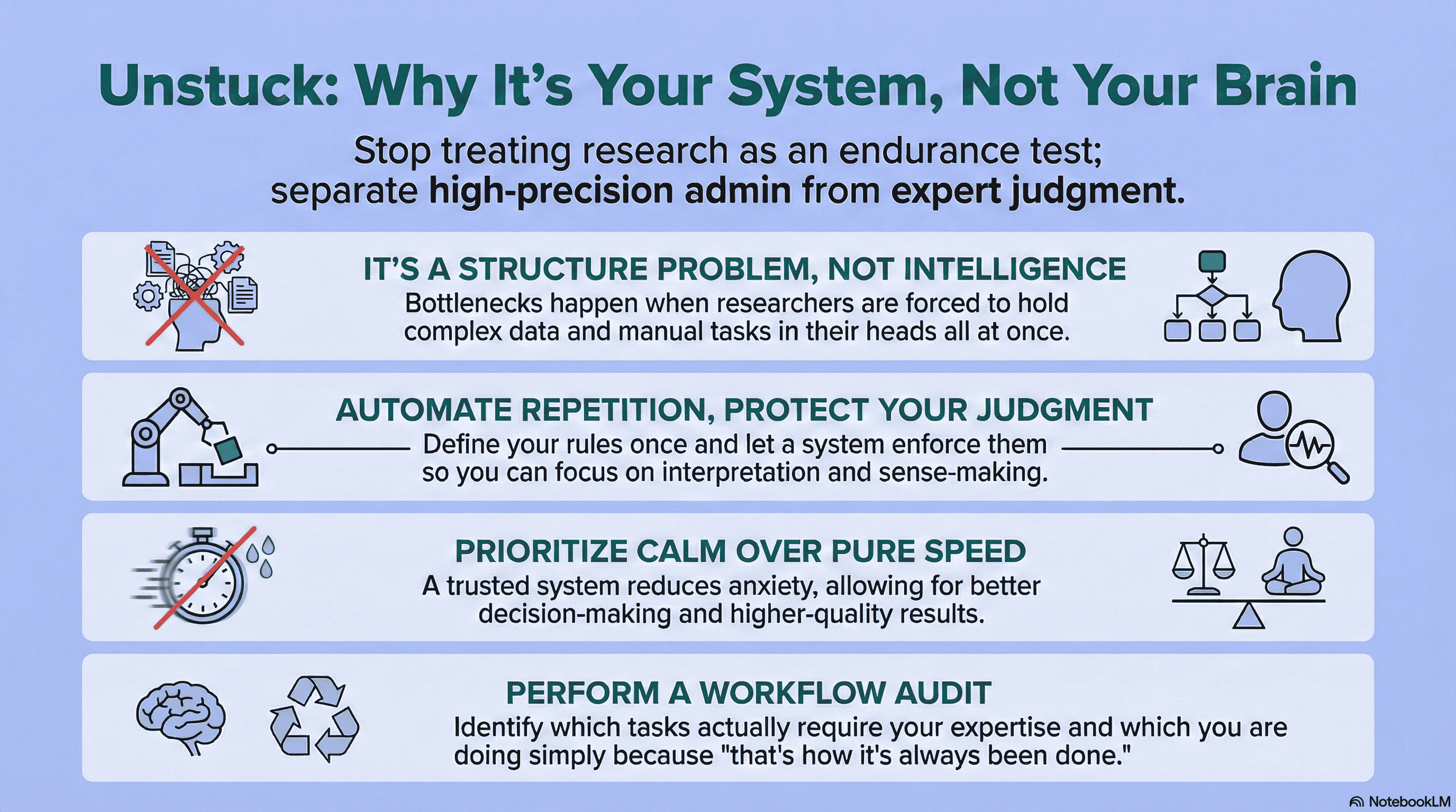 A researcher overwhelmed by complex workflow steps, contrasted with a calmer structured research process