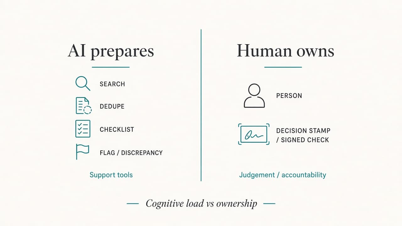 Diagram separating AI support tasks like search and dedupe from human-owned judgement and accountability